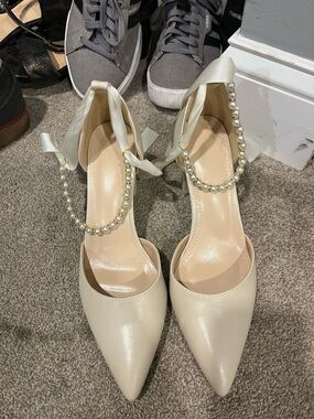 SHEIN Cream Pointed-Toe Heels with Pearl Ankle Straps
